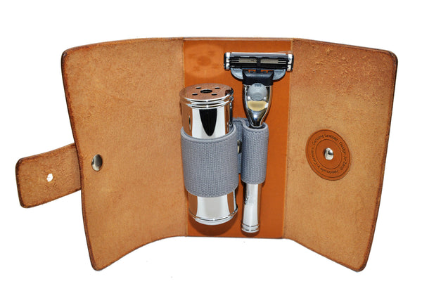 Muhle TRAVEL, VEGETABLE-TANNED COWHIDE TRAVEL CASE, MACH3 or FUSION 5 RAZOR & TRAVEL BRUSH