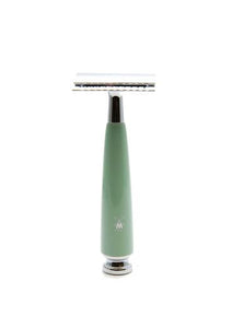 Muhle Rytmo double edge safety razor with closed comb and mint resin handle