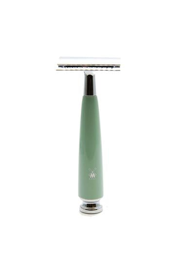 Muhle Rytmo double edge safety razor with closed comb and mint resin handle