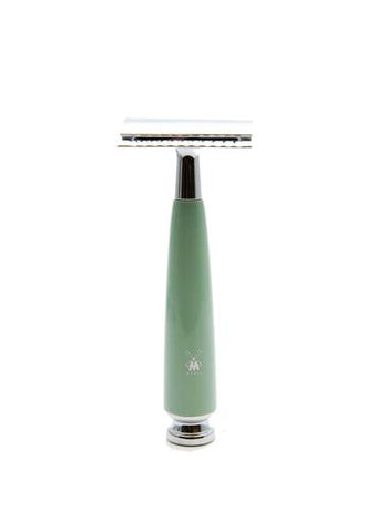 Muhle Rytmo double edge safety razor with closed comb and mint resin handle