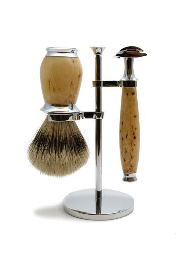 Muhle Purist double edge safety razor set including stand and silvertip badger shaving brush with birch wood handles