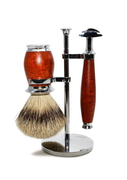 Muhle Purist double edge safety razor set including stand and silvertip badger shaving brush with briar wood handles