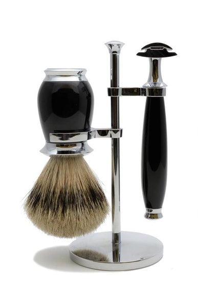 Muhle Purist double edge safety razor set including stand and silvertip badger shaving brush with black resin handles