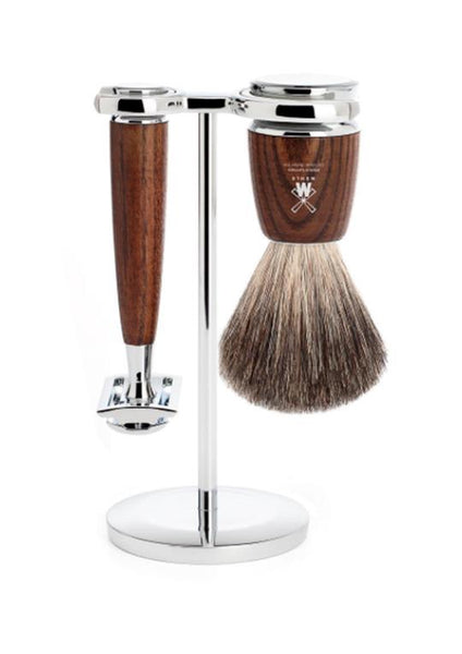 Muhle Rytmo double edge safety razor set including stand and pure badger shaving brush with ash wood handles