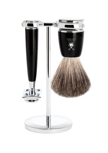 Muhle Rytmo double edge safety razor set including stand and pure badger shaving brush with black resin handles