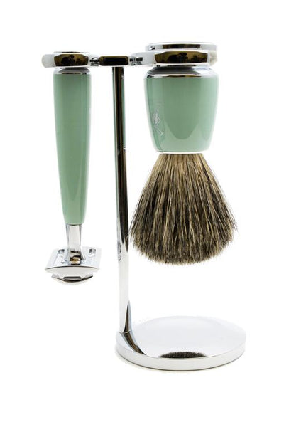 Muhle Rytmo double edge safety razor set including stand and pure badger shaving brush with mint resin handles