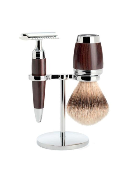 Muhle Stylo double edge safety razor set including stand and silvertip badger shaving brush with grenadilla wood handles