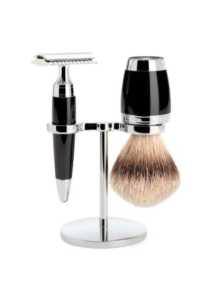 Muhle Stylo double edge safety razor set including stand and silvertip badger shaving brush with black resin handles