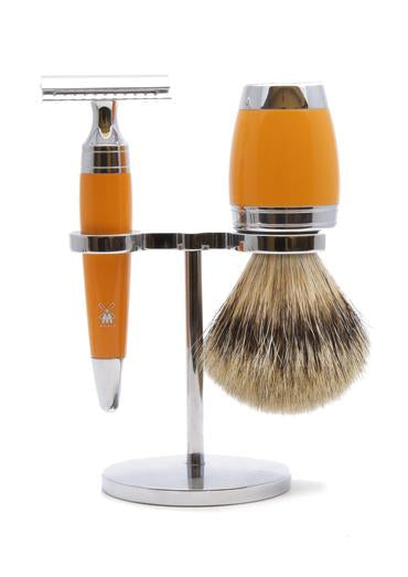 Muhle Stylo double edge safety razor set including stand and silvertip badger shaving brush with butterscotch resin handles