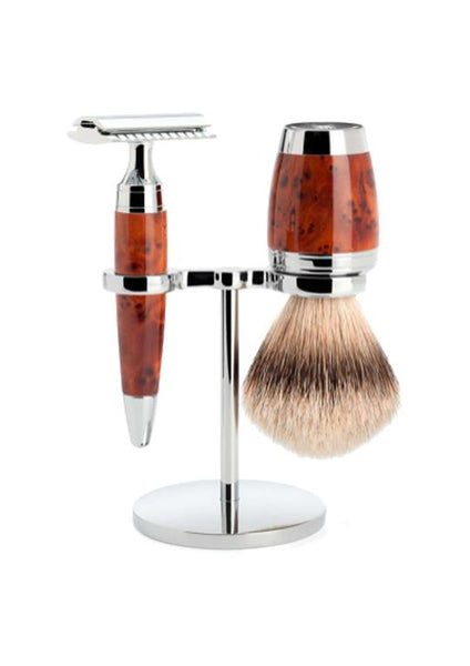 Muhle Stylo double edge safety razor set including stand and silvertip badger shaving brush with thuja wood handles