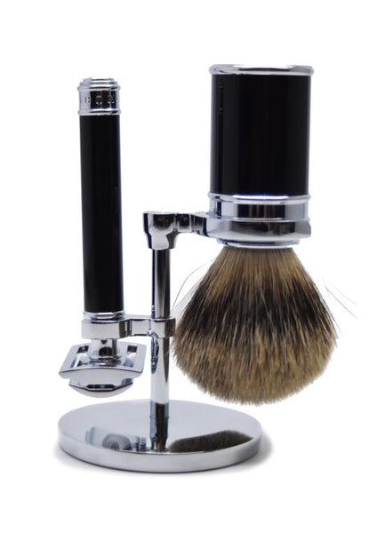 Muhle traditional double edge safety razor set including stand and silvertip badger shaving brush with black resin handles