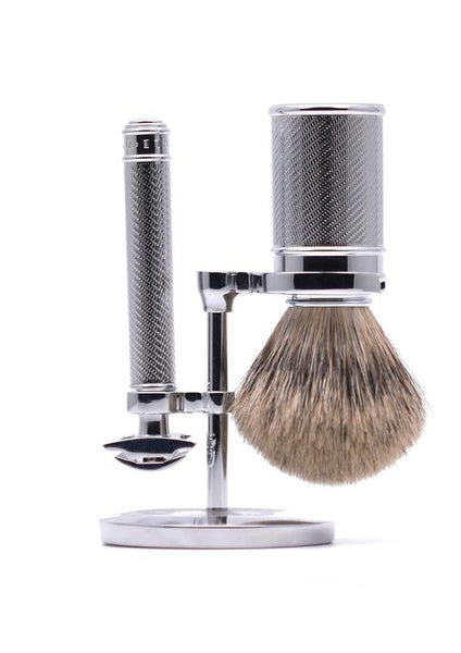 Muhle traditional double edge safety razor set including stand and silvertip badger shaving brush with chrome handles