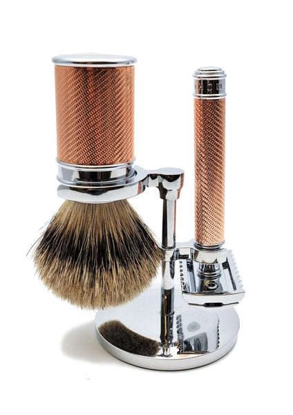 Muhle traditional double edge safety razor set including stand and silvertip badger shaving brush with rose gold handles