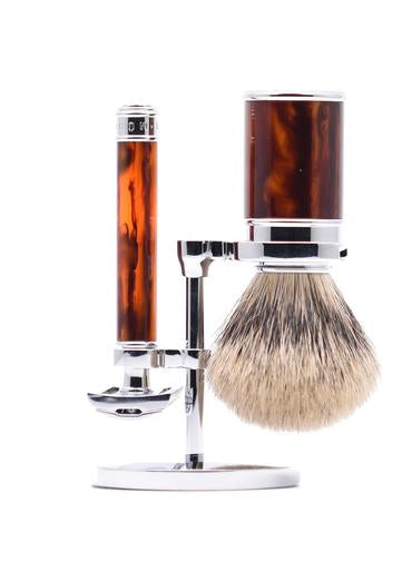 Muhle traditional double edge safety razor set including stand and silvertip badger shaving brush with tortoiseshell resin handles