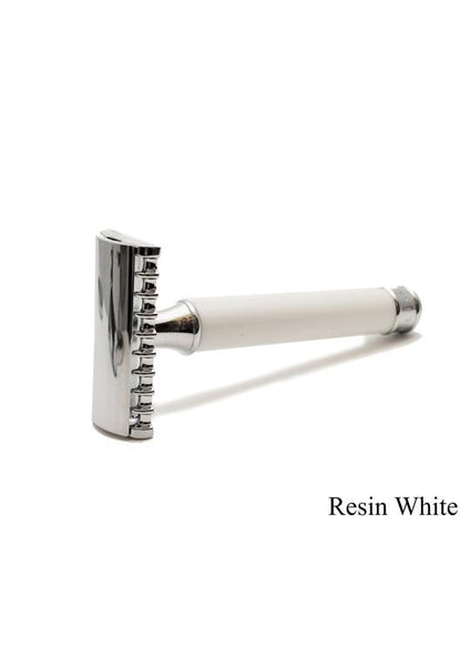 Muhle traditional double edge safety razor with open comb and white resin handle