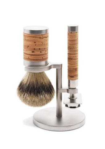 Muhle Rocca shaving set with stand including silvertip badger shaving brush and double edge safety razor with birch bark handles