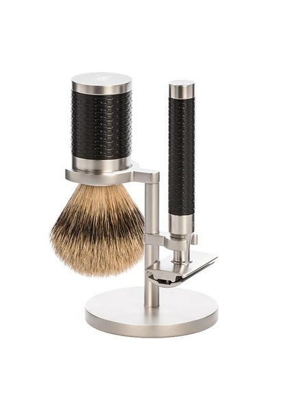 Muhle Rocca shaving set with stand including silvertip badger shaving brush and double edge safety razor with black handles