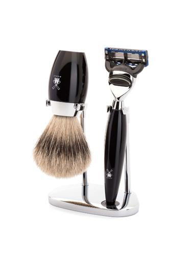 Muhle Kosmo Fusion 5 shaving set including stand with silvertip badger shaving brush and Fusion 5 razor with black resin handles