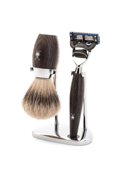 Muhle Kosmo Fusion 5 shaving set including stand with silvertip badger shaving brush and Fusion 5 razor with bog oak wood handles