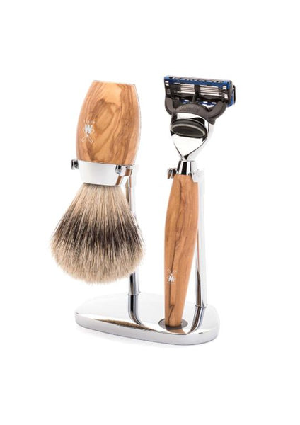 Muhle Kosmo Fusion 5 shaving set including stand with silvertip badger shaving brush and Fusion 5 razor with olive wood handles