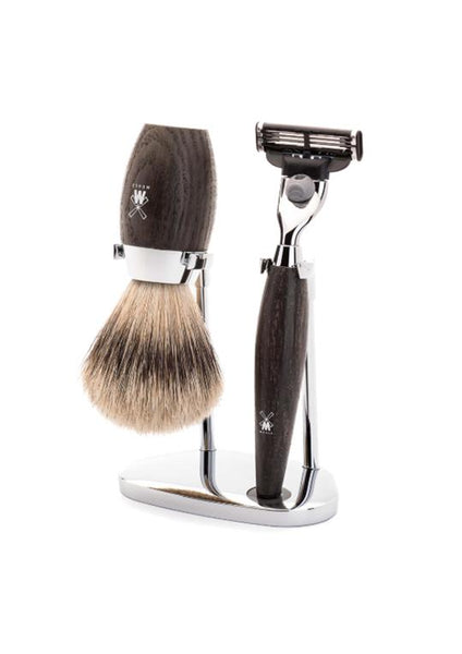Muhle Kosmo Mach3 shaving set including stand with silvertip badger shaving brush and Mach3 razor with bog oak wood handles