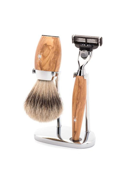 Muhle Kosmo Mach3 shaving set including stand with silvertip badger shaving brush and Mach3 razor with olive wood handles