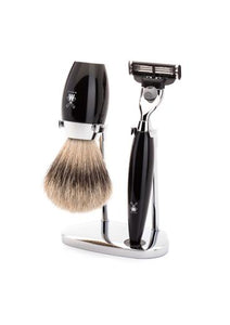 Muhle Kosmo Mach3 shaving set including stand with silvertip badger shaving brush and Mach3 razor with black resin handles