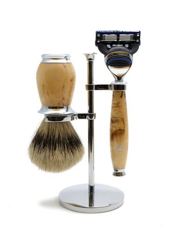 Muhle Purist Fusion 5 shaving set including stand with silvertip badger shaving brush and Fusion 5 razor with birch wood handles