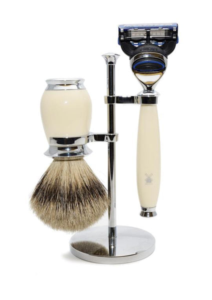 Muhle Purist Fusion 5 shaving set including stand with silvertip badger shaving brush and Fusion 5 razor with ivory resin handles