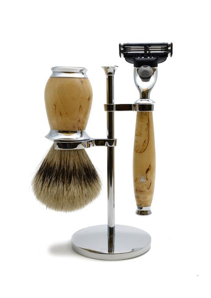 Muhle Purist Mach3 shaving set including stand with silvertip badger shaving brush and Mach3 razor with birch wood handles