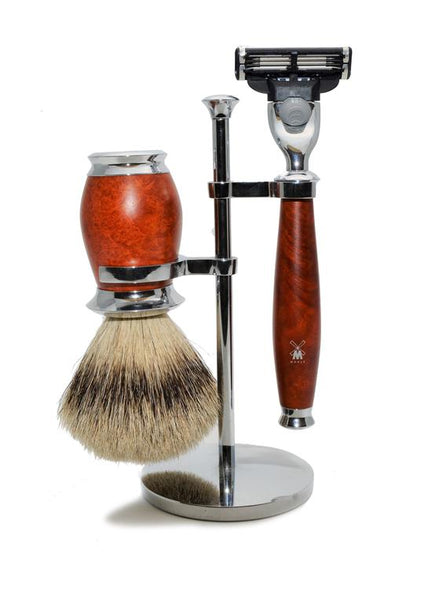 Muhle Purist Mach3 shaving set including stand with silvertip badger shaving brush and Mach3 razor with briar wood handles