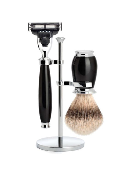 Muhle Purist Mach3 shaving set including stand with silvertip badger shaving brush and Mach3 razor with black resin handles