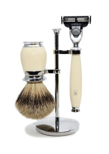 Muhle Purist Mach3 shaving set including stand with silvertip badger shaving brush and Mach3 razor with ivory resin handles