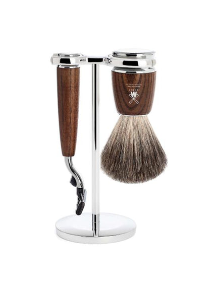 Muhle Rytmo Mach3 shaving set including stand with pure badger shaving brush and Mach3 razor with ash wood handles