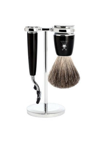 Muhle Rytmo Mach3 shaving set including stand with pure badger shaving brush and Mach3 razor with black resin handles
