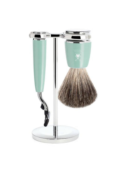 Muhle Rytmo Mach3 shaving set including stand with pure badger shaving brush and Mach3 razor with mint resin handles