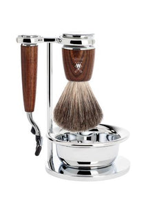 Muhle Rytmo Mach3 shaving set including stand and bowl with pure badger shaving brush and Mach3 razor with ash wood handles