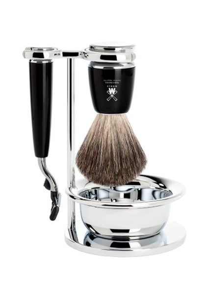 Muhle Rytmo Mach3 shaving set including stand and bowl with pure badger shaving brush and Mach3 razor with black resin handles