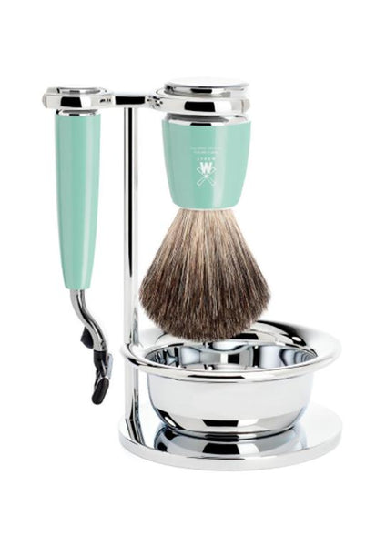 Muhle Rytmo Mach3 shaving set including stand and bowl with pure badger shaving brush and Mach3 razor with mint resin handles