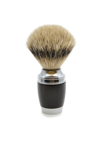 Muhle Stylo shaving brush with black resin handle and silvertip badger bristles