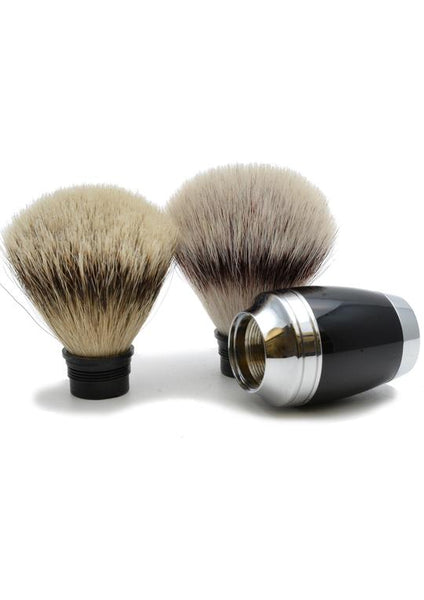 Muhle Stylo synthetic fibre and silvertip badger shaving brush heads with black resin handle