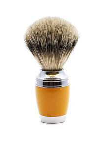 Muhle Stylo shaving brush with butterscotch resin handle and silvertip badger bristles