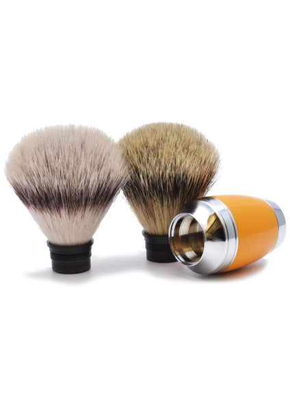 Muhle Stylo synthetic fibre and silvertip badger shaving brush heads with butterscotch resin handle