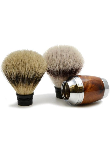 Muhle Stylo synthetic fibre and silvertip badger shaving brush heads with thuja wood handle