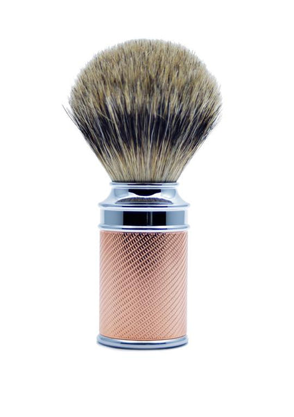 Muhle traditional shaving brush with chrome rose gold handle and silvertip badger bristles