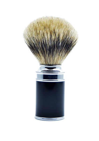 Muhle traditional shaving brush with black resin handle and silvertip badger bristles