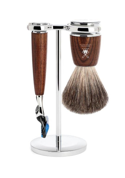 Muhle Rytmo Fusion 5 shaving set including stand with pure badger shaving brush and Fusion 5 razor with ash wood handles