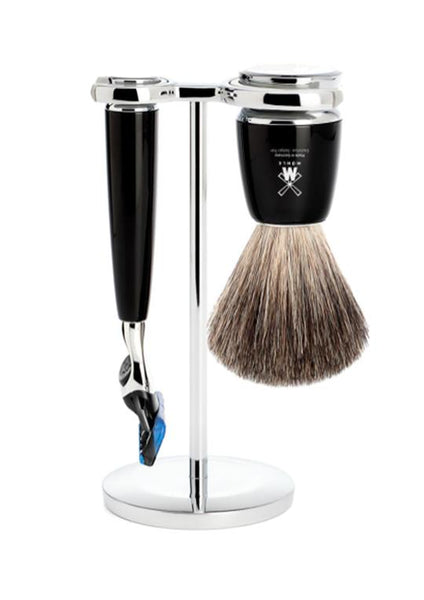 Muhle Rytmo Fusion 5 shaving set including stand with pure badger shaving brush and Fusion 5 razor with black resin handles