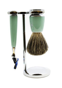 Muhle Rytmo Fusion 5 shaving set including stand with pure badger shaving brush and Fusion 5 razor with mint resin handles