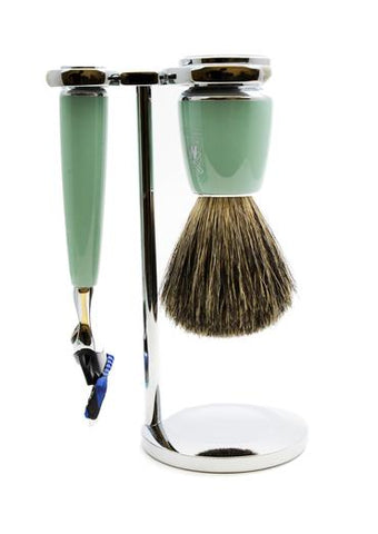 Muhle Rytmo Fusion 5 shaving set including stand with pure badger shaving brush and Fusion 5 razor with mint resin handles